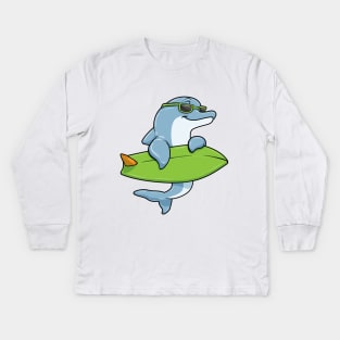 Dolphin with Sunglasses as Surfer with Surfboard Kids Long Sleeve T-Shirt